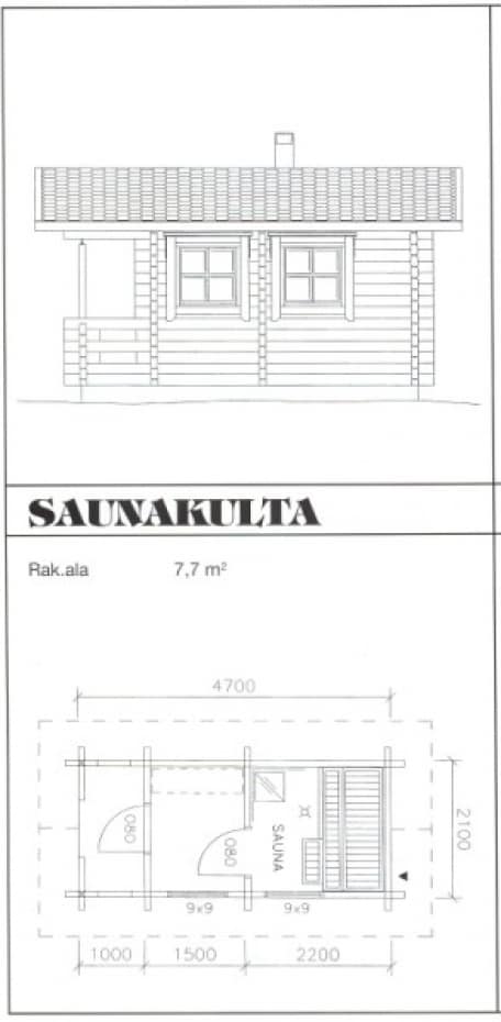 Saunamalli Saunakulta: julkisivu- ja pohjapiirustus