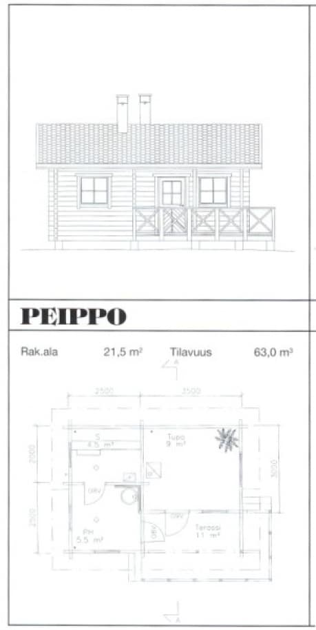 Saunamalli Peippo: julkisivu- ja pohjapiirustus