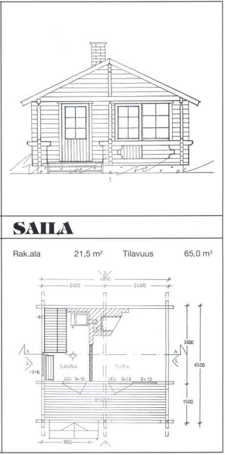 Saunamalli Saila: julkisivu- ja pohjapiirustus
