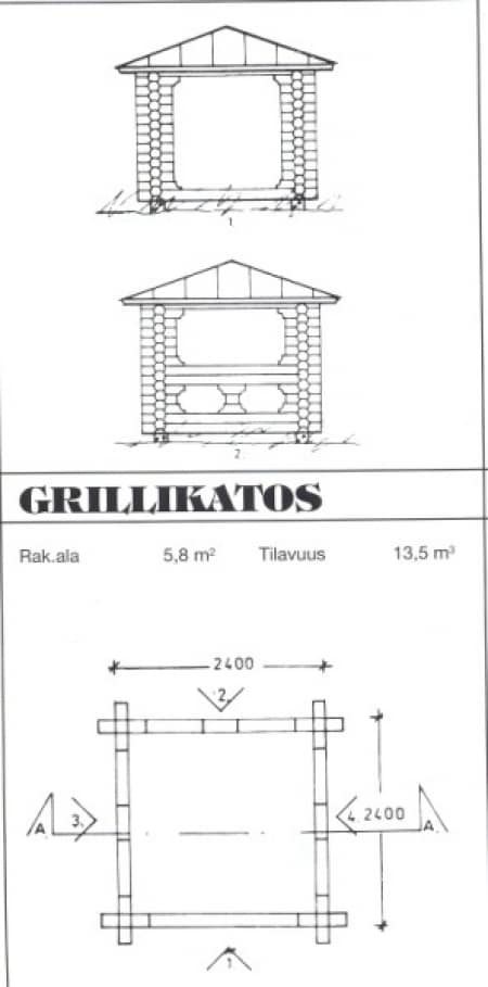 Grillikatoksen julkisivu- ja pohjapiirustus