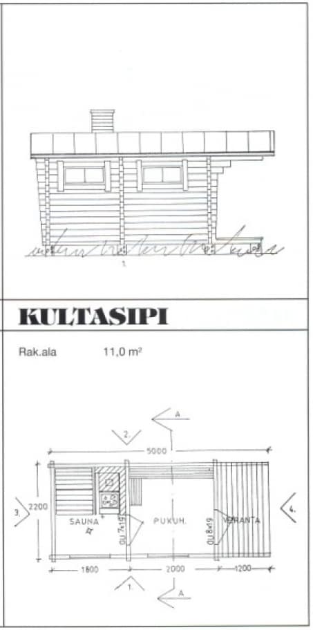 Saunamalli Kultasiipi: julkisivu- ja pohjapiirustus