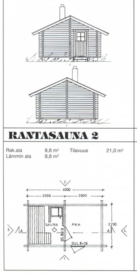 Saunamalli Rantasauna 2: julkisivu- ja pohjapiirustus