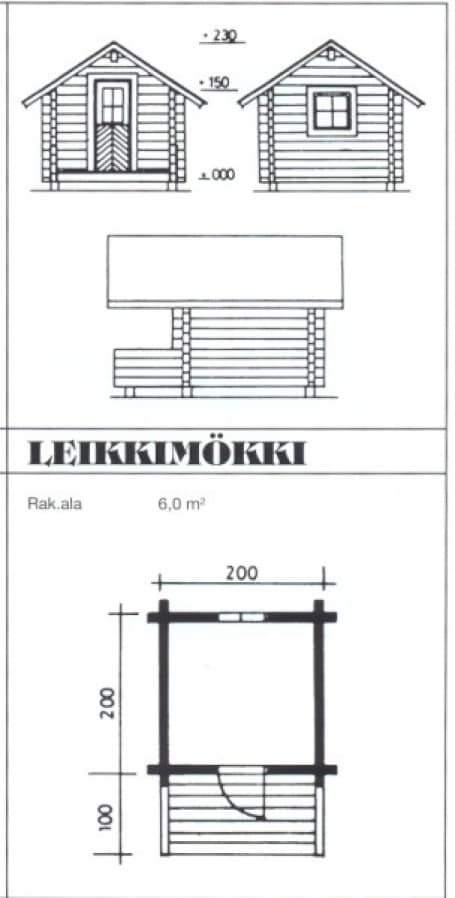 Leikkimökin julkisivu- ja pohjapiirustus, rakennusala 6,0 m²