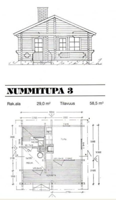 Saunamalli Nummitupa 3: julkisivu- ja pohjapiirustus