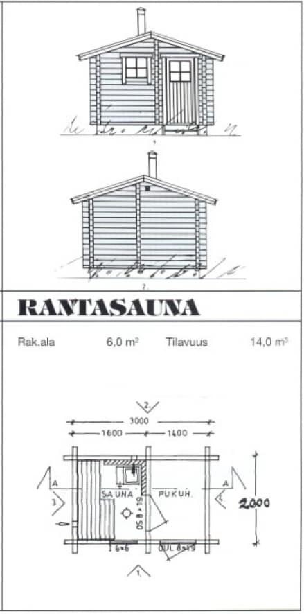 Saunamalli Rantasauna: julkisivu- ja pohjapiirustus