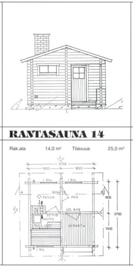 Saunamalli Rantasauna 14: julkisivu- ja pohjapiirustus